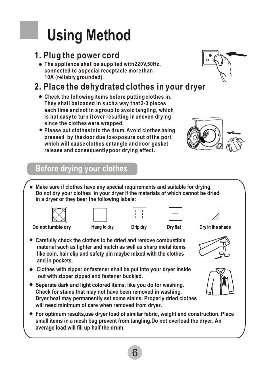 Т³гж 8, Using method, Plug the power cord | Place the dehydrated clothes in your dryer, Before drying your clothes | haier HDM8.0-61 User Manual | Page 8 / 12