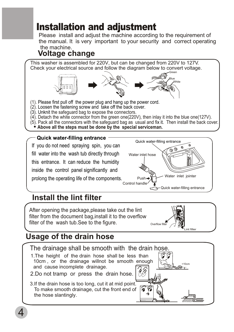 Installation and adjustment, Install the lint filter, Usage of the drain hose | Voltage change, The drainage shall be smooth with the drain hose | haier HWM60-15P User Manual | Page 6 / 19