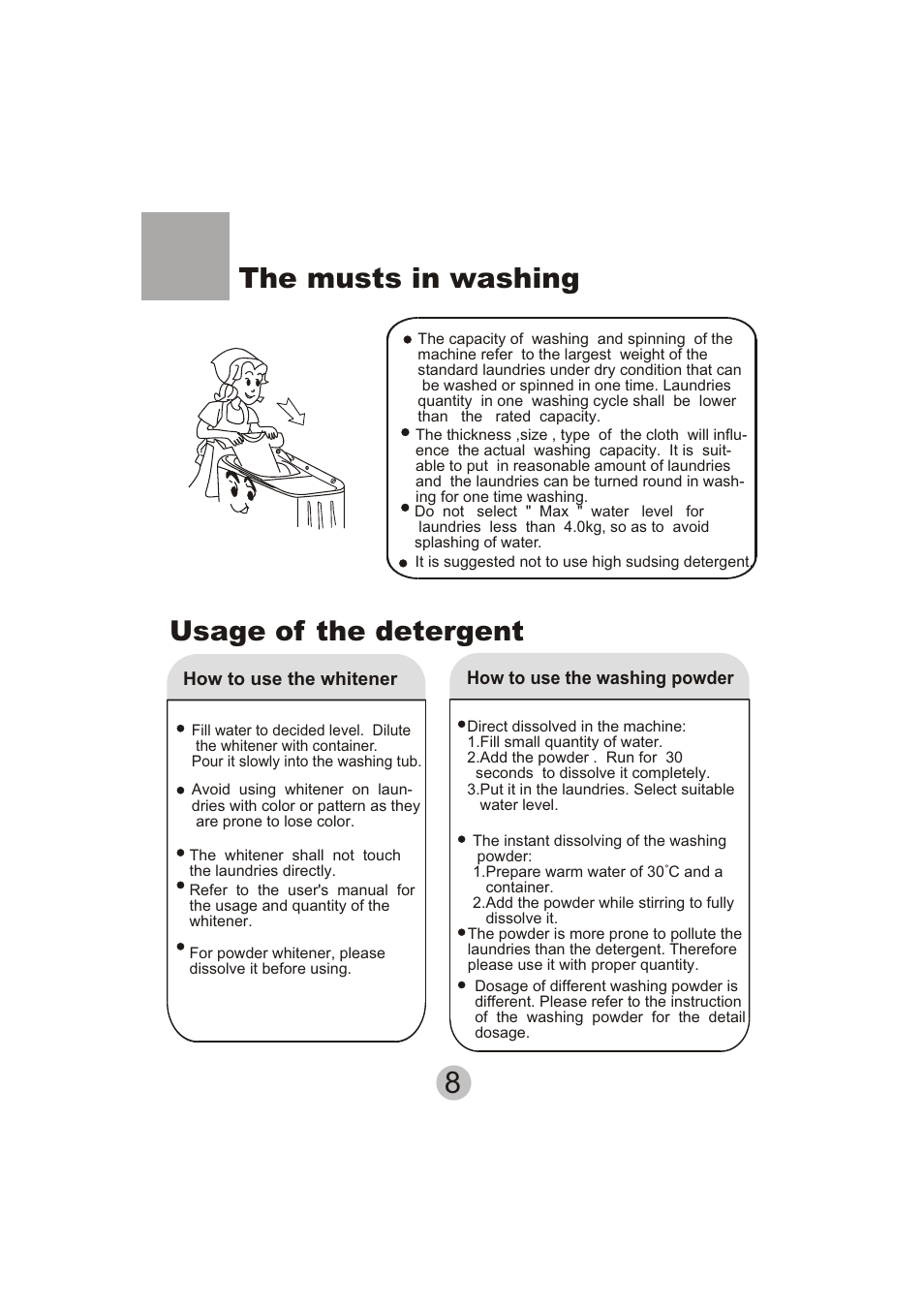 The musts in washing, Usage of the detergent | haier HWM110-23BS User Manual | Page 10 / 18