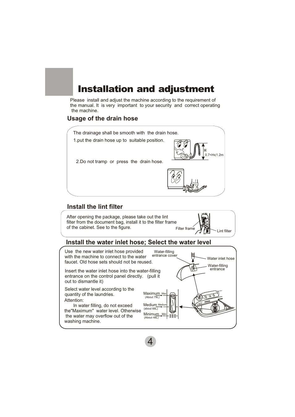 Installation and adjustment, Usage of the drain hose, Install the lint filter | haier HWM110-23BS User Manual | Page 6 / 18