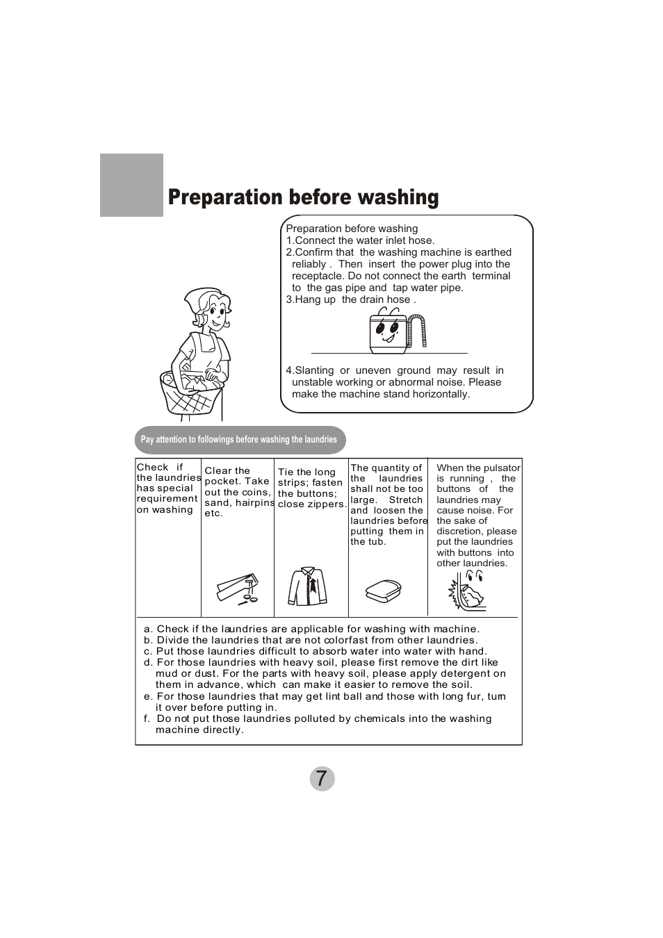 7preparation before washing | haier HWM110-23BS User Manual | Page 9 / 18