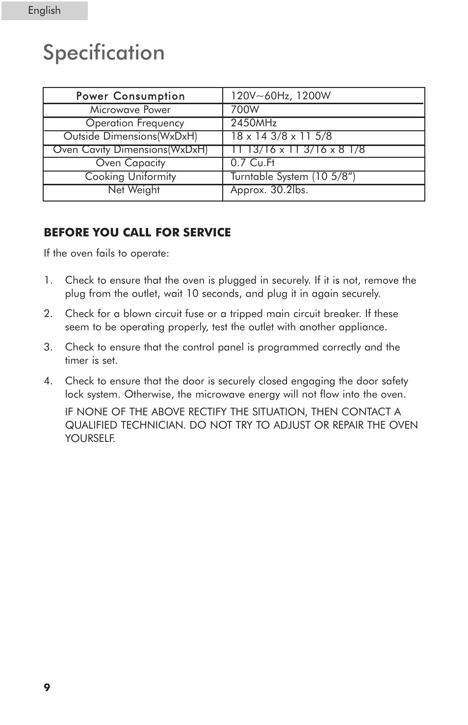 Specification | haier MWG7047TW / B User Manual | Page 10 / 22