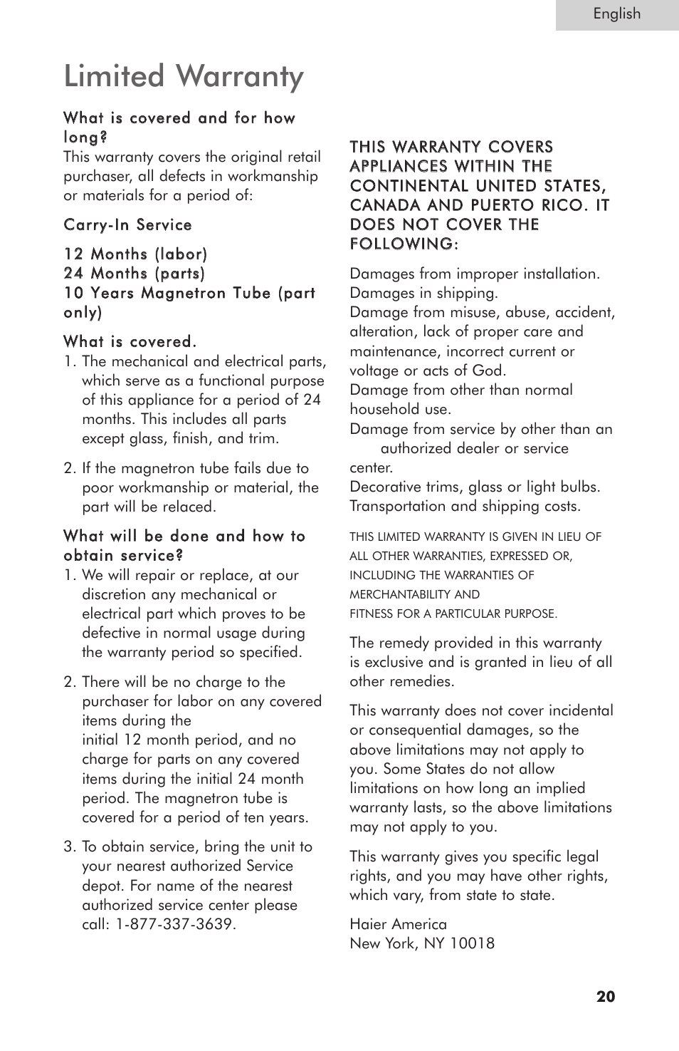 Limited warranty | haier MWG7047TW / B User Manual | Page 21 / 22