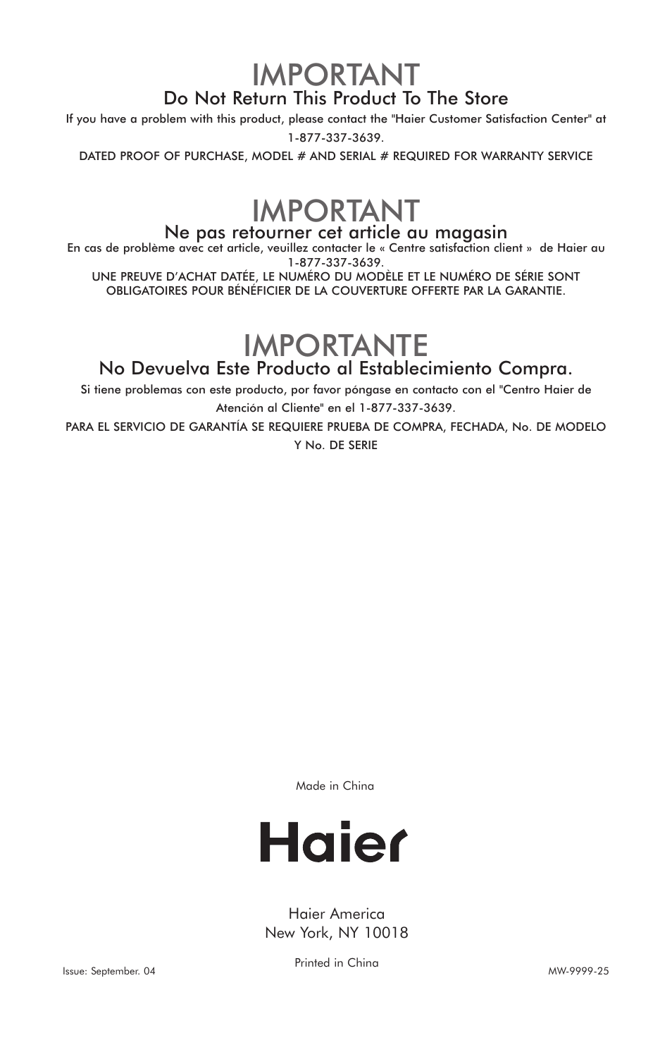 Important, Importante, Do not return this product to the store | Ne pas retourner cet article au magasin | haier MWG7047TW / B User Manual | Page 22 / 22