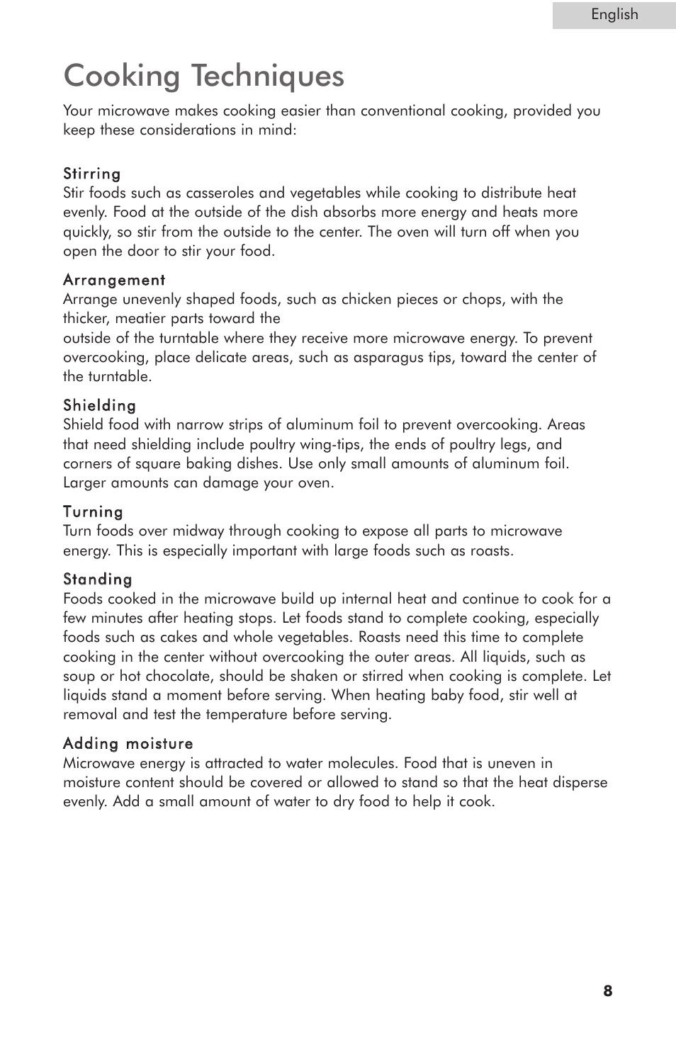 Cooking techniques | haier MWG7047TW / B User Manual | Page 9 / 22