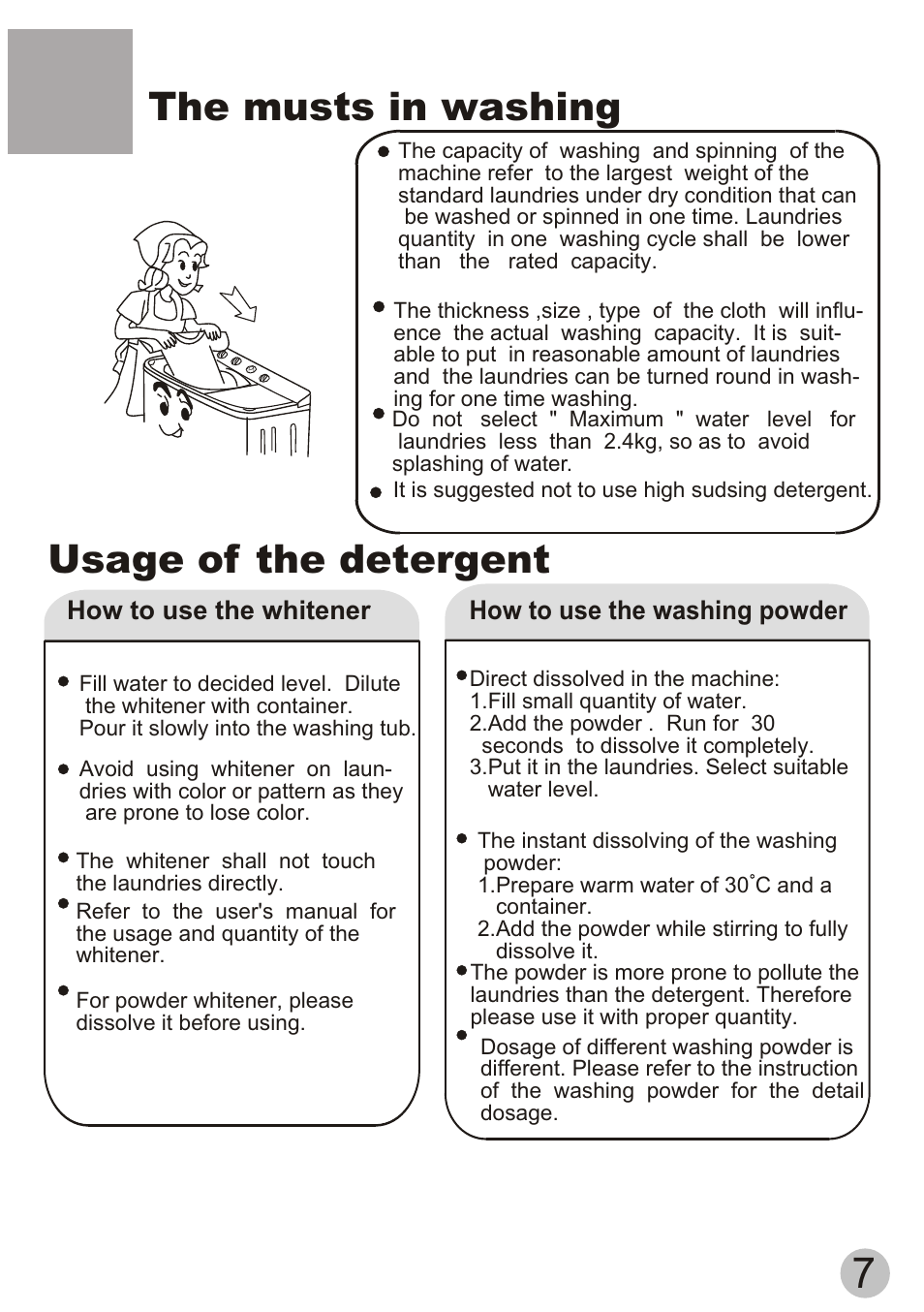 The musts in washing, Usage of the detergent | haier HWM55-23BS User Manual | Page 9 / 16