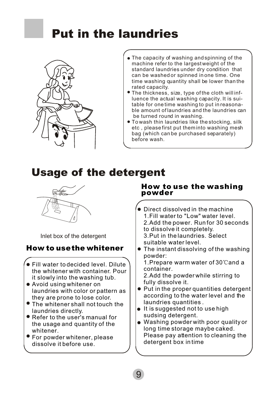 Put in the laundries, Usage of the detergent | haier XQB55-10 User Manual | Page 11 / 18