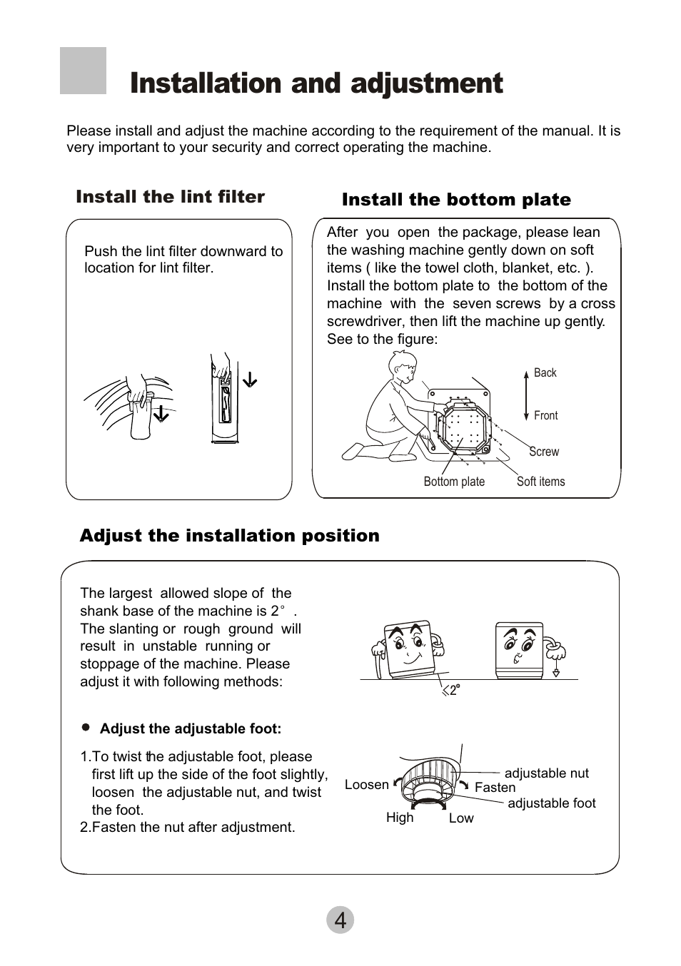Installation and adjustment | haier XQB55-10 User Manual | Page 6 / 18