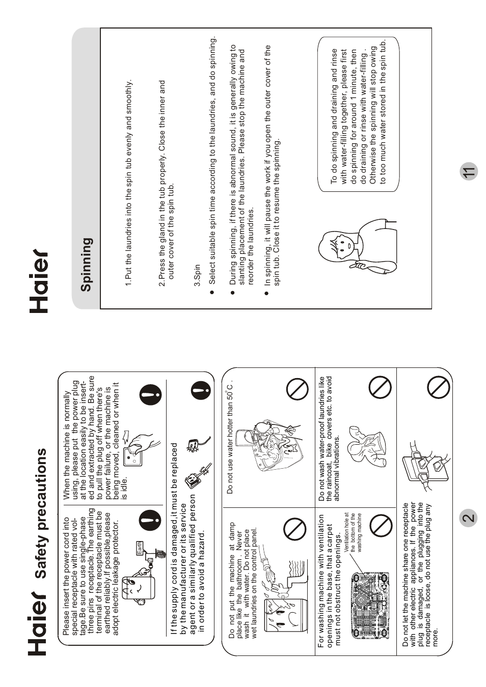 Safety precautions, Spinning | haier AWT-120LI User Manual | Page 4 / 8