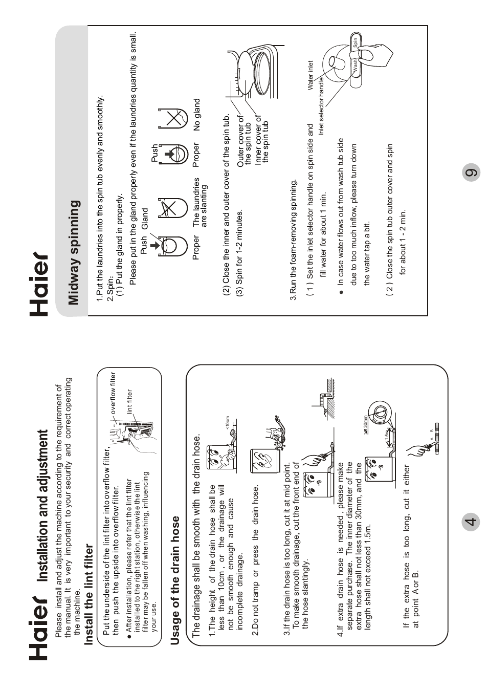 Installation and adjustment, Midway spinning, Usage of the drain hose | Install the lint filter, The drainage shall be smooth with the drain hose | haier AWT-120LI User Manual | Page 6 / 8