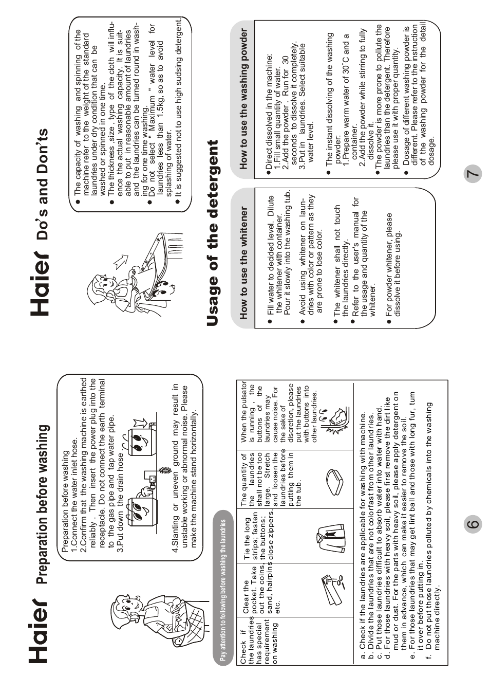 Preparation before washing, Do s and don ts, Usage of the detergent | How to use the whitener, How to use the washing powder | haier AWT-120LI User Manual | Page 8 / 8
