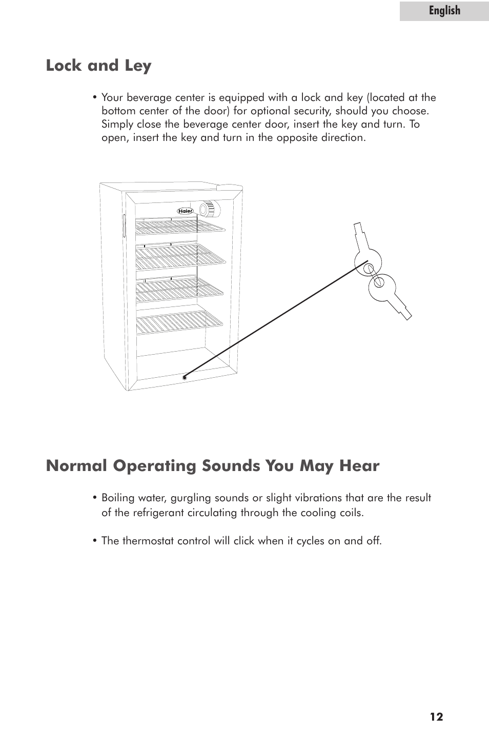 Normal operating sounds you may hear, Lock and ley | haier hc125fvs User Manual | Page 13 / 48