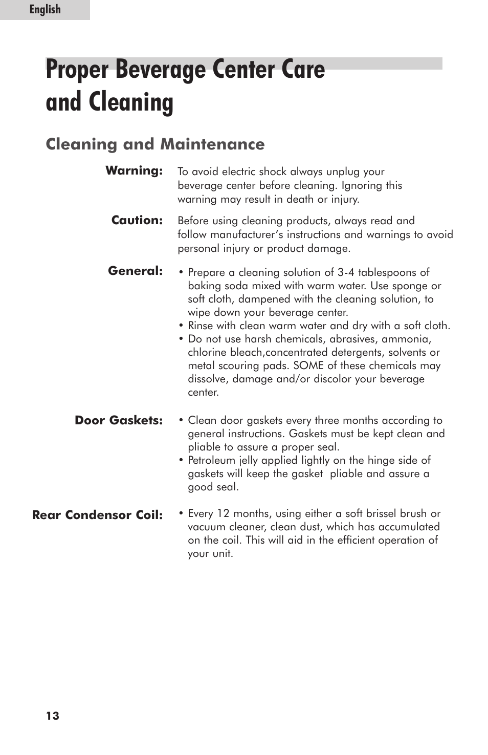 Proper beverage center care and cleaning, Cleaning and maintenance | haier hc125fvs User Manual | Page 14 / 48