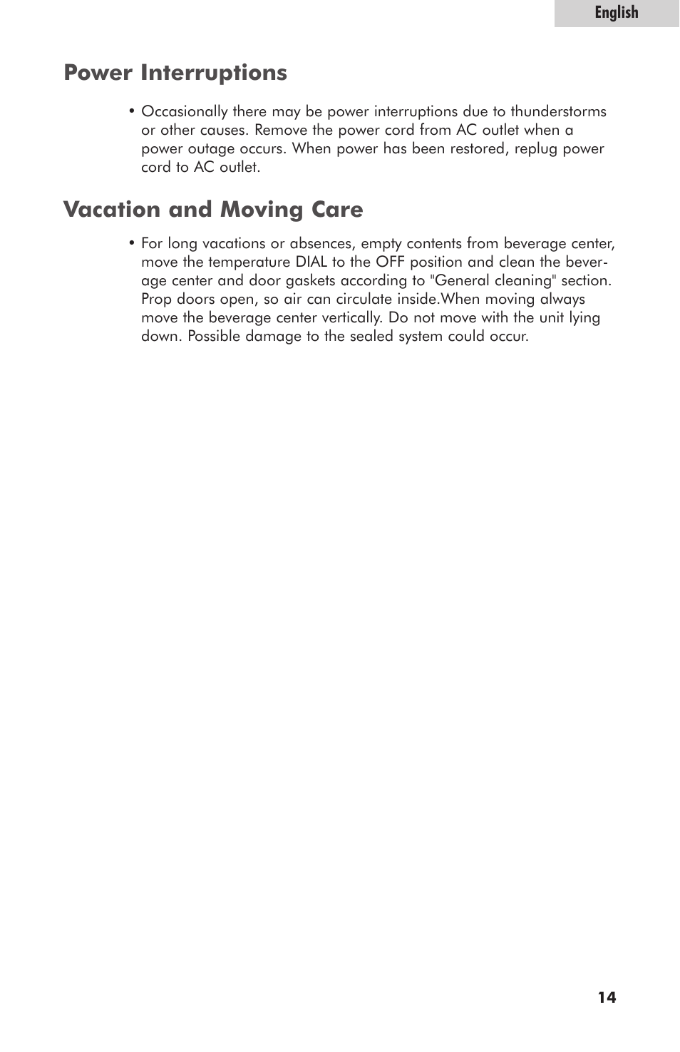 Power interruptions vacation and moving care | haier hc125fvs User Manual | Page 15 / 48
