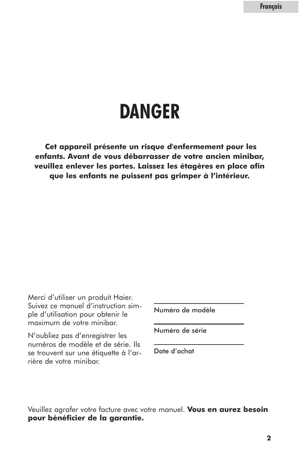 Danger | haier hc125fvs User Manual | Page 19 / 48
