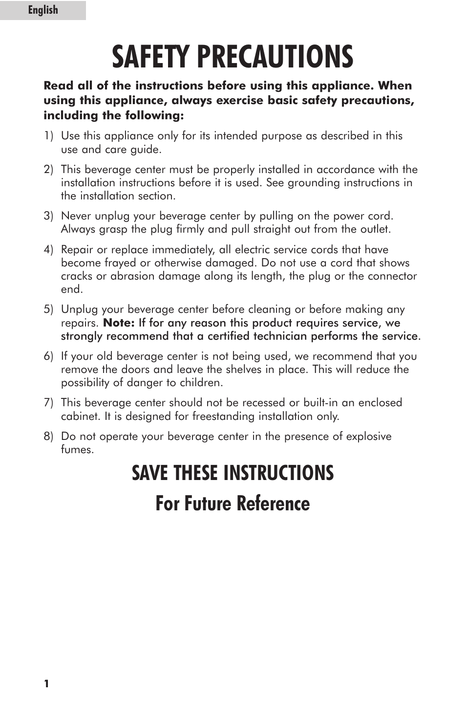 Safety precautions, Save these instructions for future reference | haier hc125fvs User Manual | Page 2 / 48