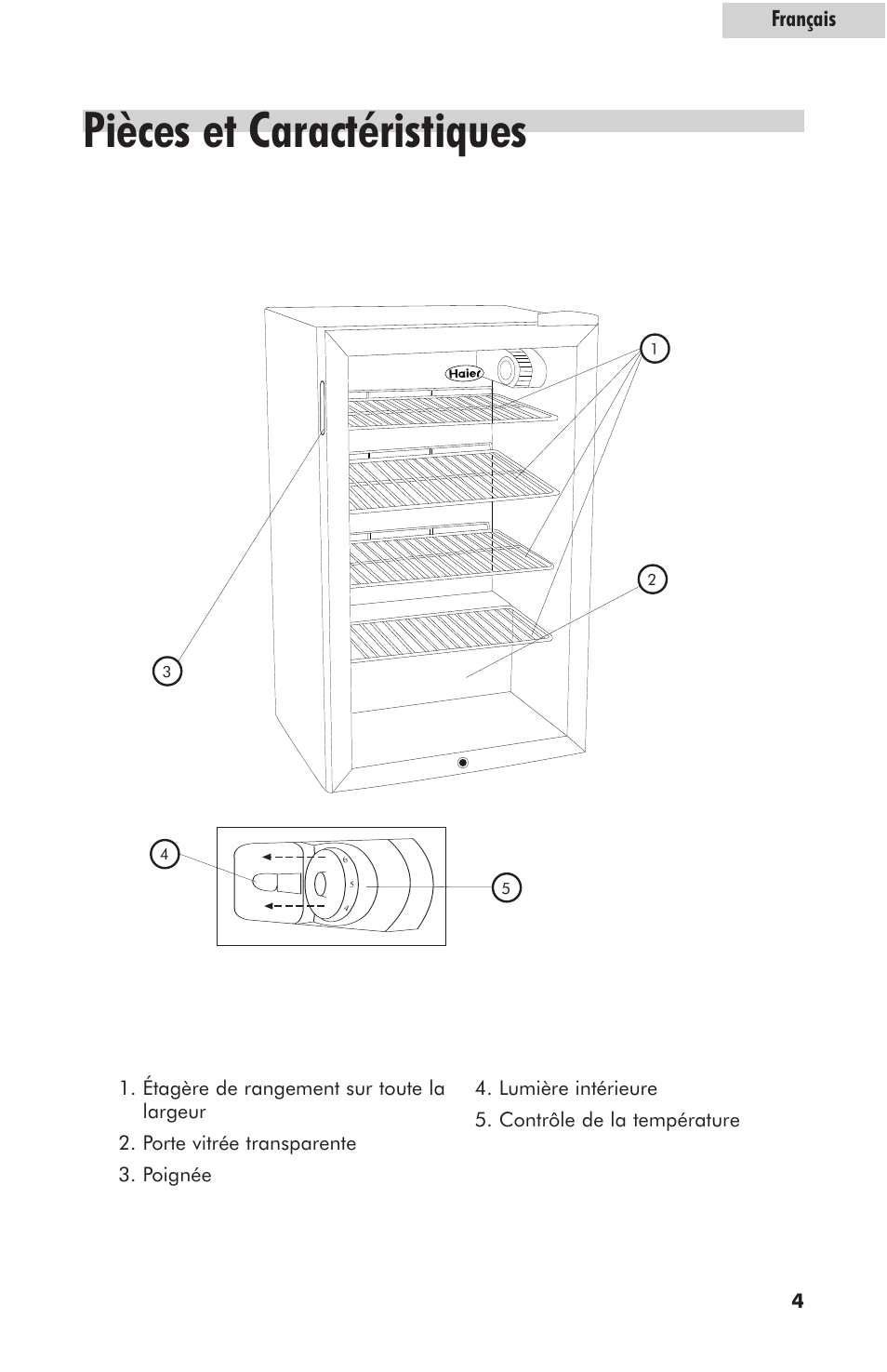 Pièces et caractéristiques, Français | haier hc125fvs User Manual | Page 21 / 48