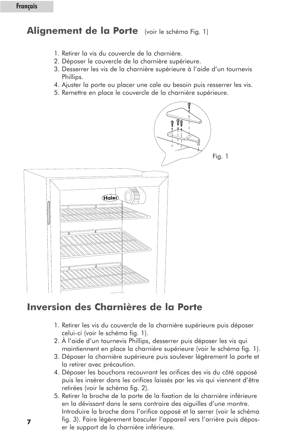 Inversion des charnières de la porte, Alignement de la porte | haier hc125fvs User Manual | Page 24 / 48