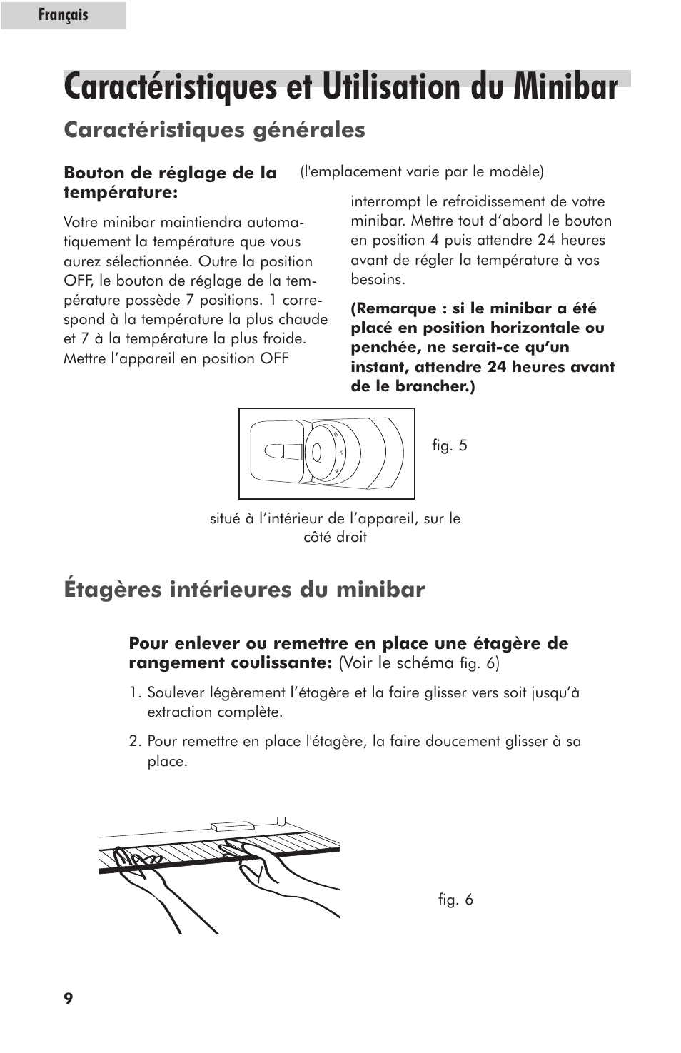 Caractéristiques et utilisation du minibar, Étagères intérieures du minibar, Caractéristiques générales | haier hc125fvs User Manual | Page 26 / 48