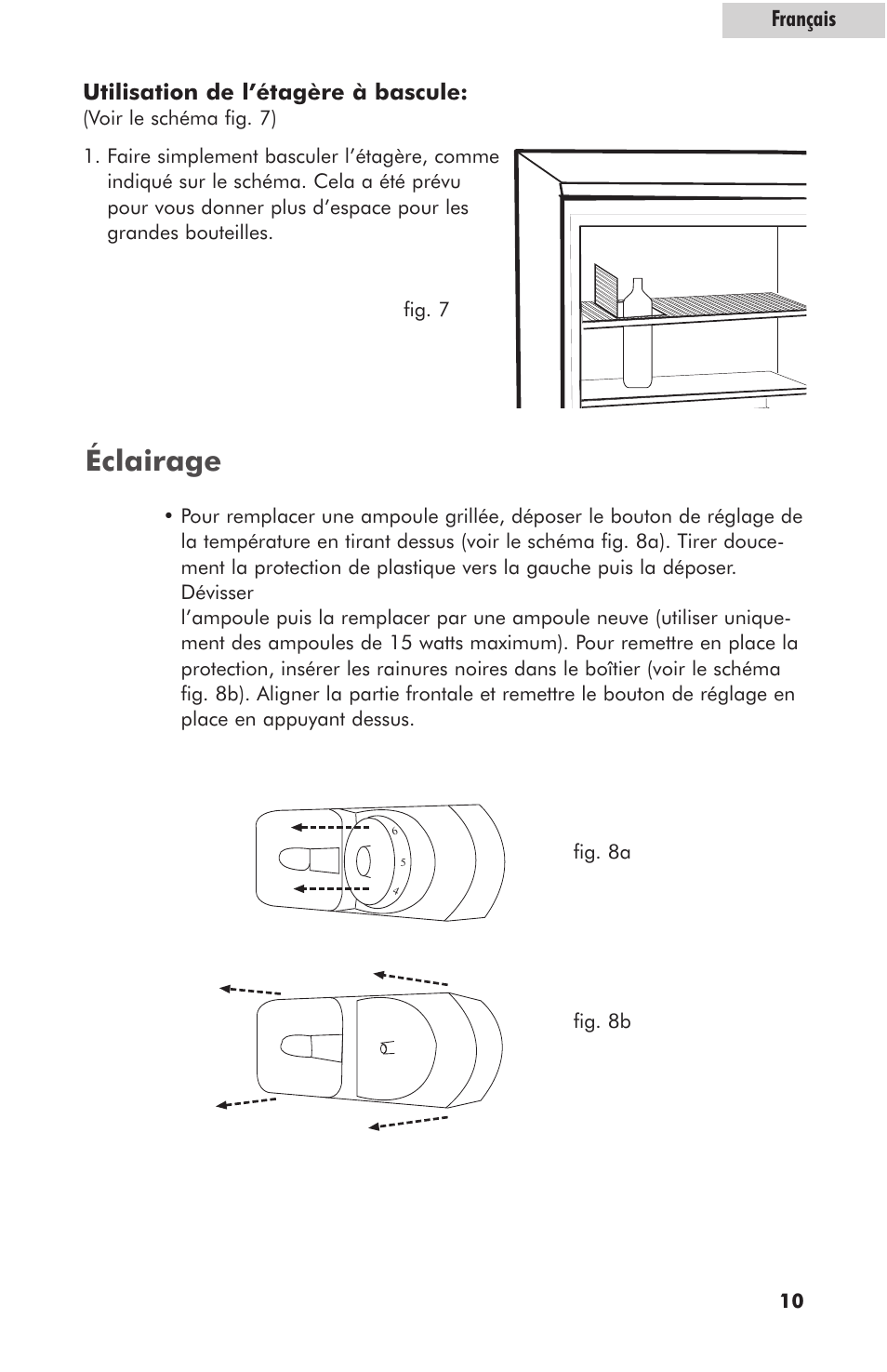Éclairage, Français, Utilisation de l’étagère à bascule | haier hc125fvs User Manual | Page 27 / 48