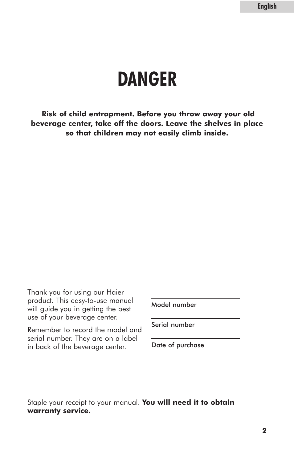 Danger | haier hc125fvs User Manual | Page 3 / 48