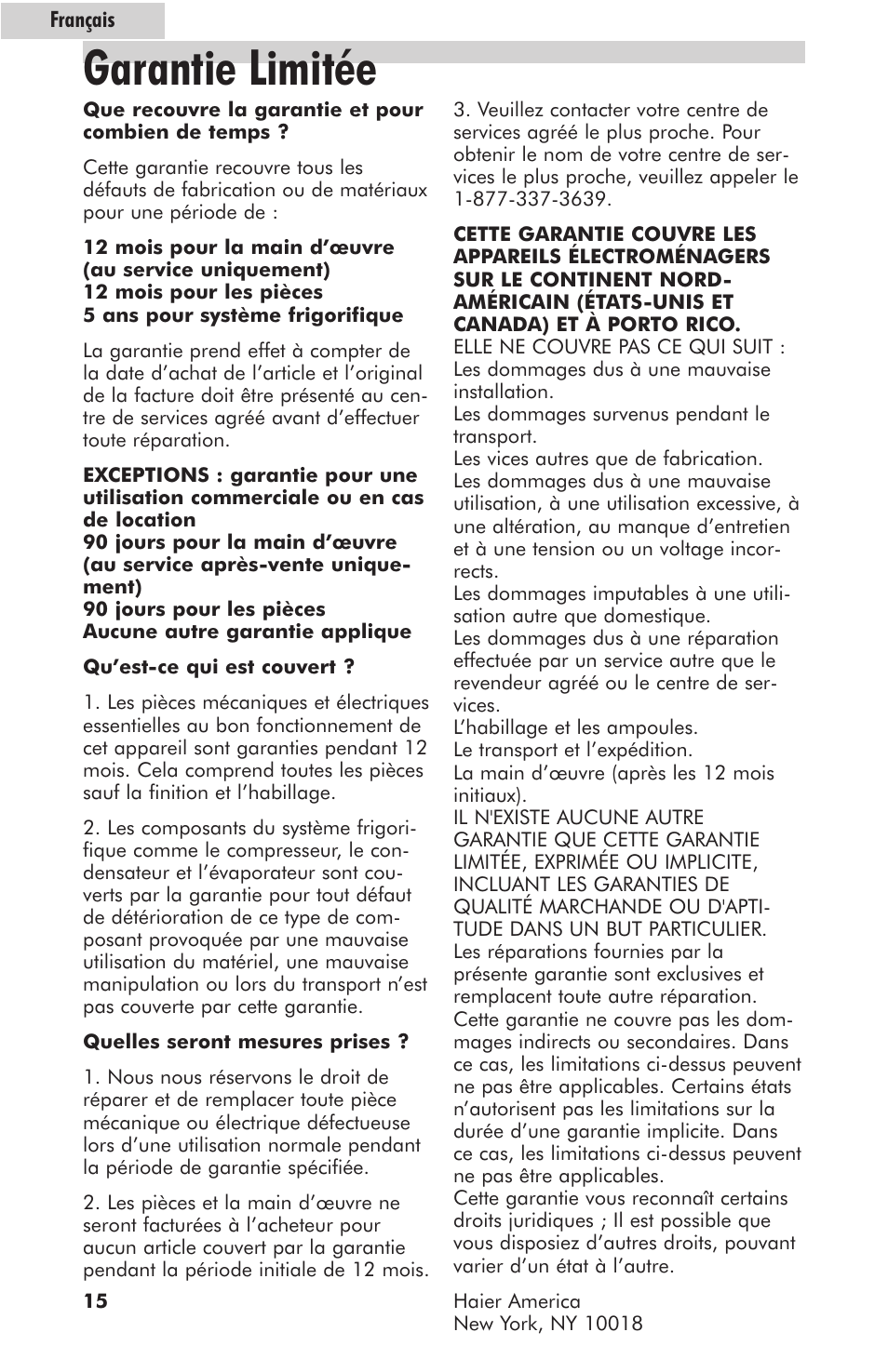 Garantie limitée | haier hc125fvs User Manual | Page 32 / 48