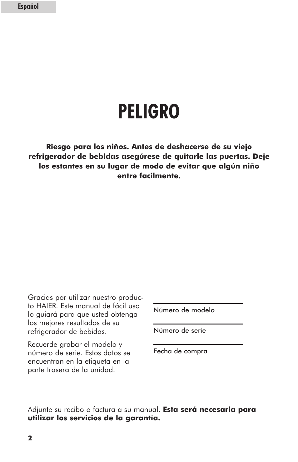 Peligro | haier hc125fvs User Manual | Page 34 / 48