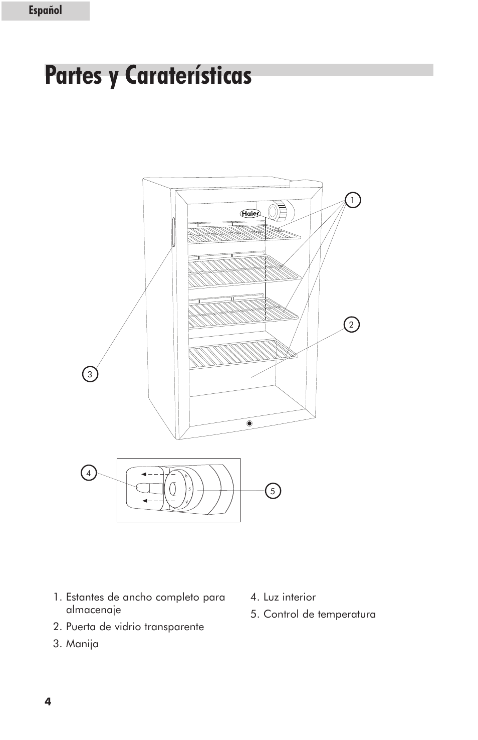 Partes y caraterísticas, Español | haier hc125fvs User Manual | Page 36 / 48