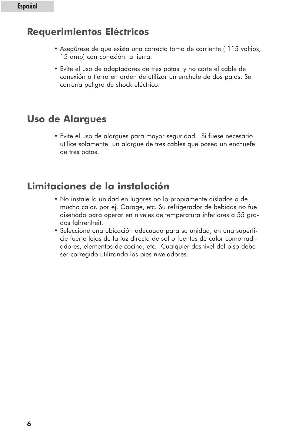 Requerimientos eléctricos, Limitaciones de la instalación uso de alargues | haier hc125fvs User Manual | Page 38 / 48