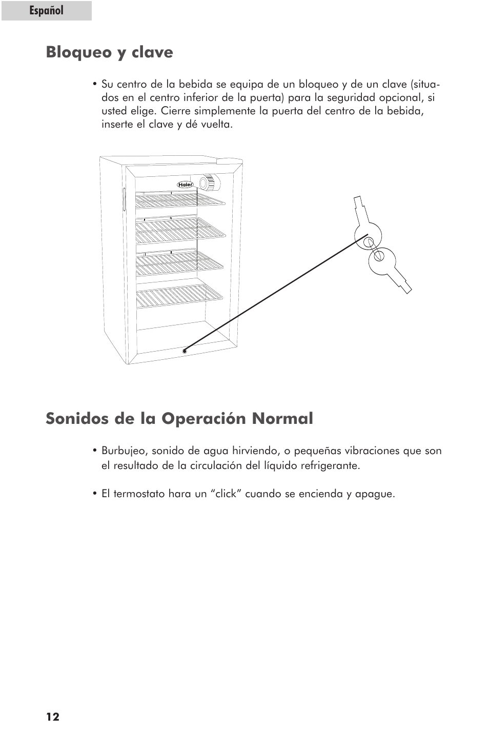 Bloqueo y clave, Sonidos de la operación normal | haier hc125fvs User Manual | Page 44 / 48