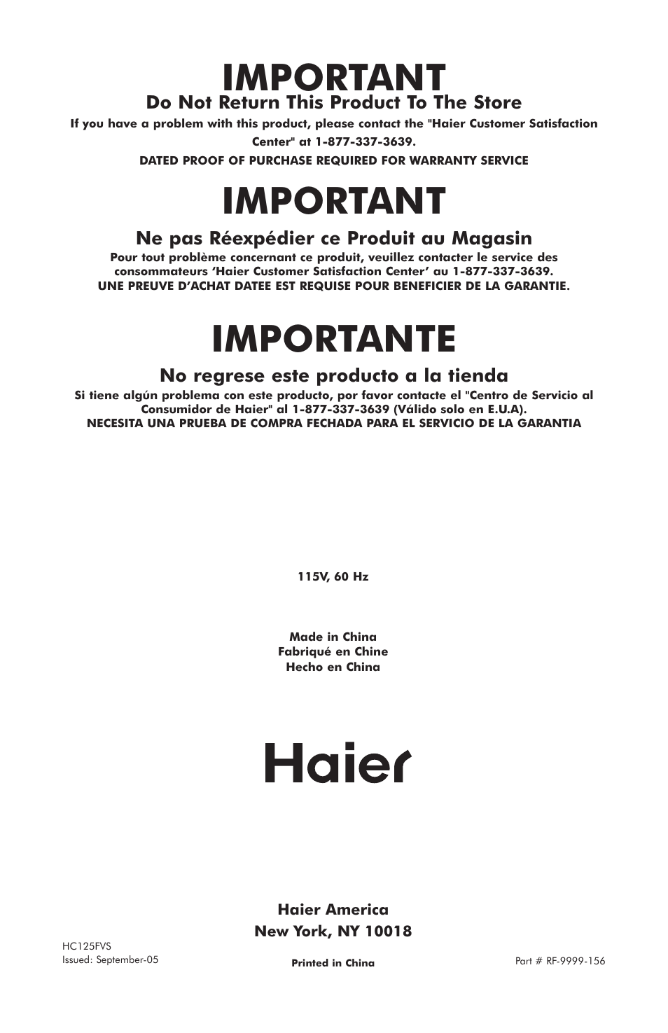 Important, Importante, Do not return this product to the store | Ne pas réexpédier ce produit au magasin, No regrese este producto a la tienda | haier hc125fvs User Manual | Page 48 / 48