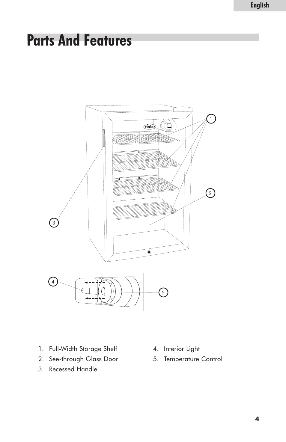Parts and features, English | haier hc125fvs User Manual | Page 5 / 48