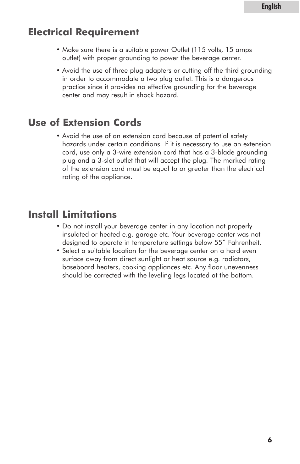 Electrical requirement, Install limitations, Use of extension cords | haier hc125fvs User Manual | Page 7 / 48