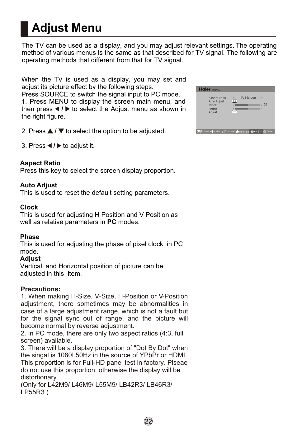 Т³гж 24, Adjust menu | haier L32K3 User Manual | Page 24 / 36