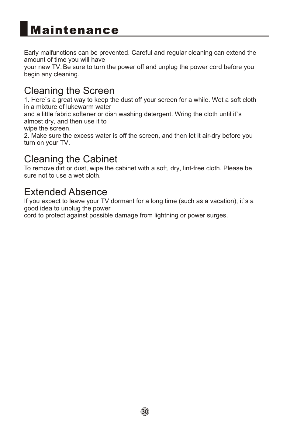 Т³гж 32, Cleaning the screen, Cleaning the cabinet | Extended absence | haier L32K3 User Manual | Page 32 / 36