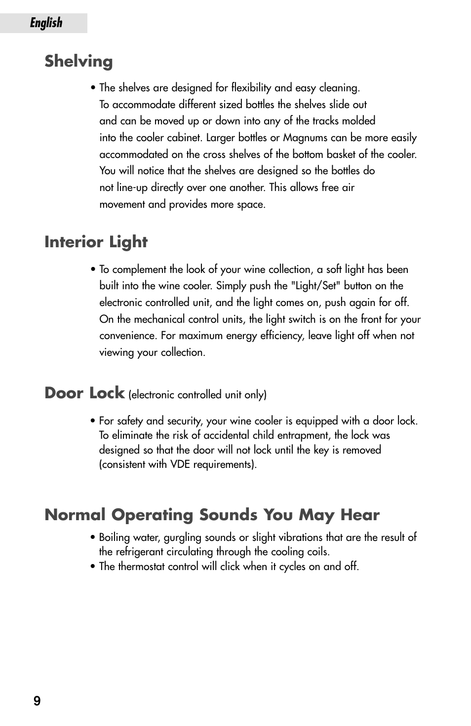 Shelving interior light, Door lock, Normal operating sounds you may hear | haier JC-82G User Manual | Page 10 / 13