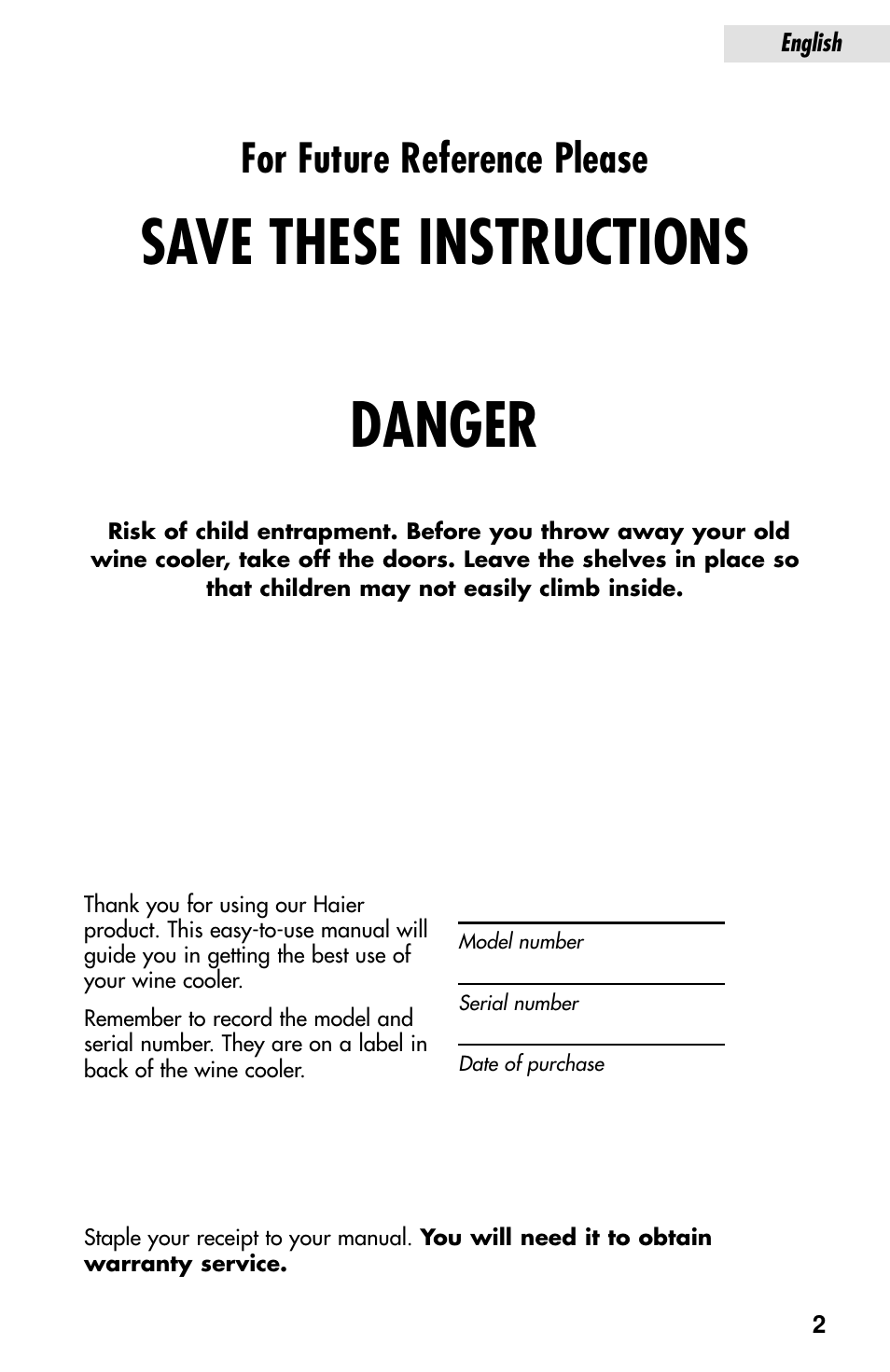 Save these instructions danger, For future reference please | haier JC-82G User Manual | Page 3 / 13