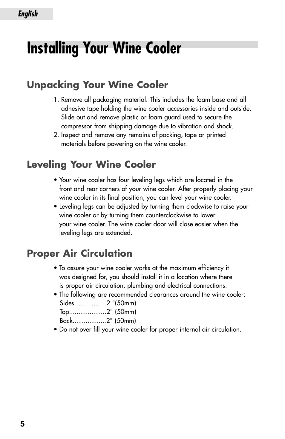 Installing your wine cooler | haier JC-82G User Manual | Page 6 / 13