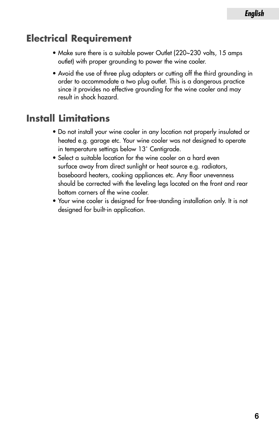 Electrical requirement, Install limitations | haier JC-82G User Manual | Page 7 / 13