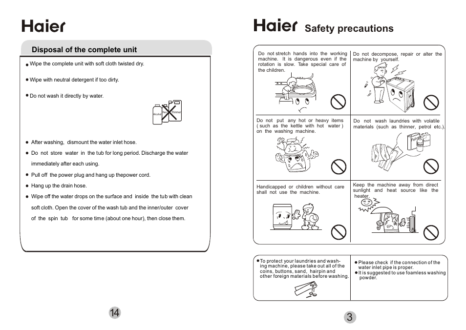 Т³гж 5, Safety precautions, Disposal of the complete unit | haier HWM108VA User Manual | Page 5 / 10