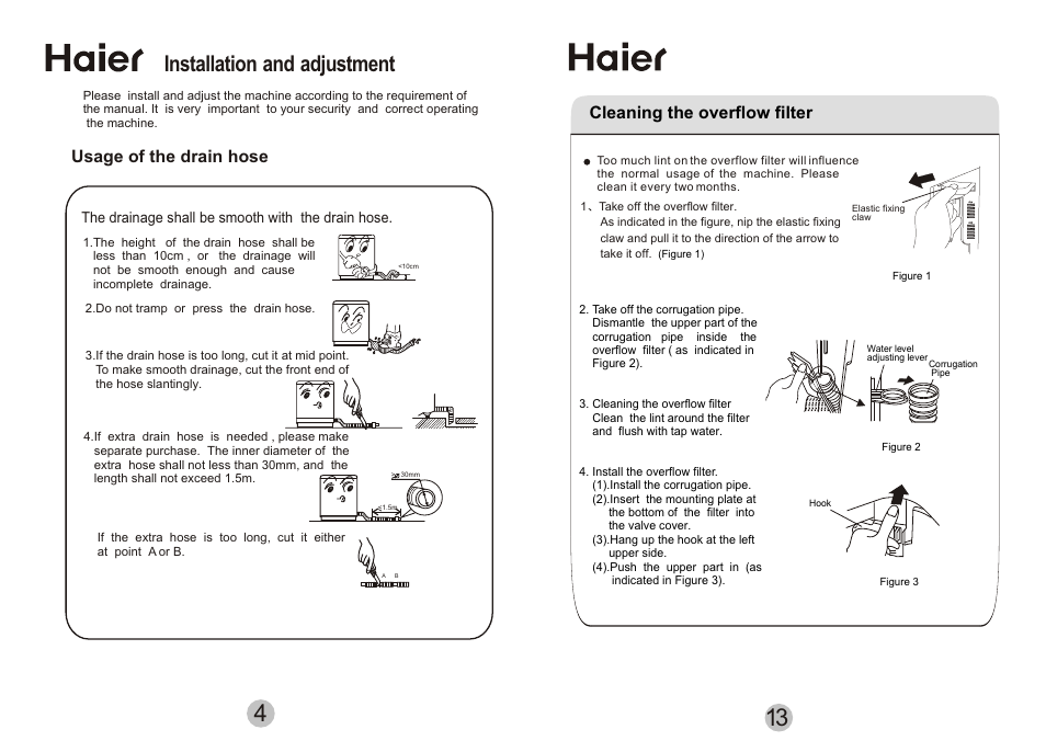 Т³гж 6, Ï ´ º у ´ ¦ а н, Installation and adjustment | Usage of the drain hose, Cleaning the overflow filter | haier HWM108VA User Manual | Page 6 / 10
