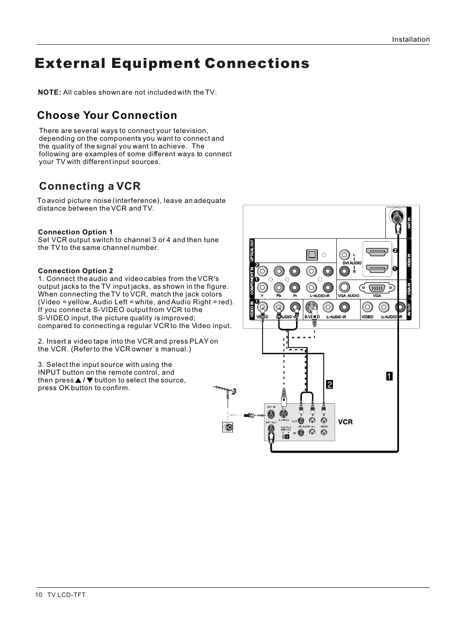 Т³гж 10, External equipment connections, Connecting a vcr | Choose your connection, Installation, 10 tv lcd-tft | haier HL26K User Manual | Page 10 / 42