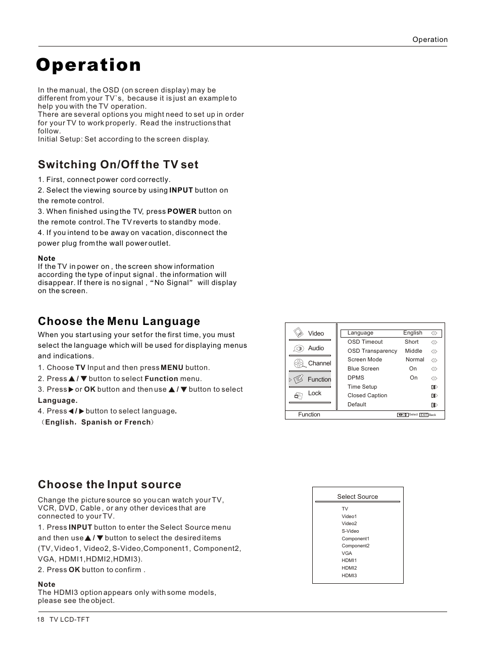 Т³гж 18, Operation, Choose the menu language | haier HL26K User Manual | Page 18 / 42