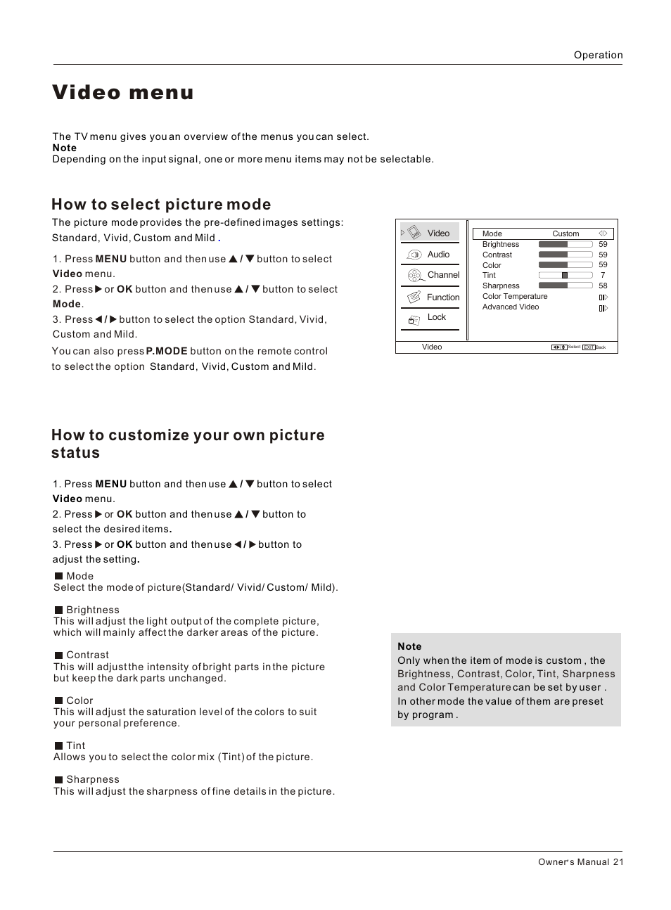 Т³гж 21, Video menu, How to customize your own picture status | How to select picture mode | haier HL26K User Manual | Page 21 / 42