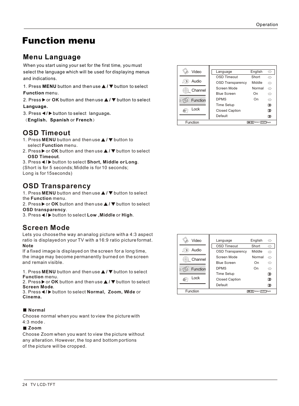 Т³гж 24, Function menu, Screen mode | Osd timeout, Osd transparency, Menu language | haier HL26K User Manual | Page 24 / 42