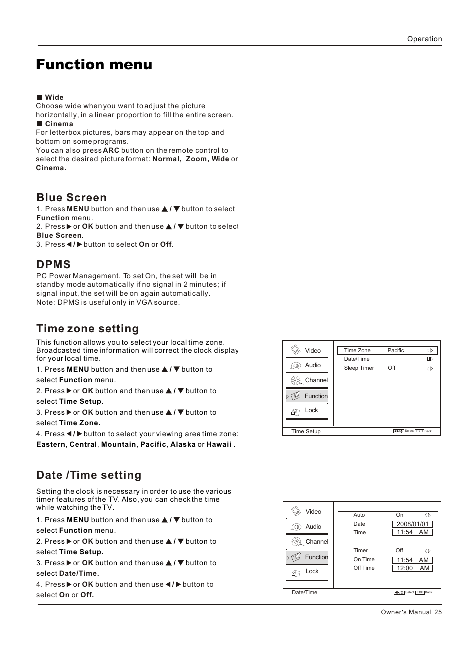 Т³гж 25, Function menu, Date /time setting | Time zone setting, Blue screen, Dpms | haier HL26K User Manual | Page 25 / 42