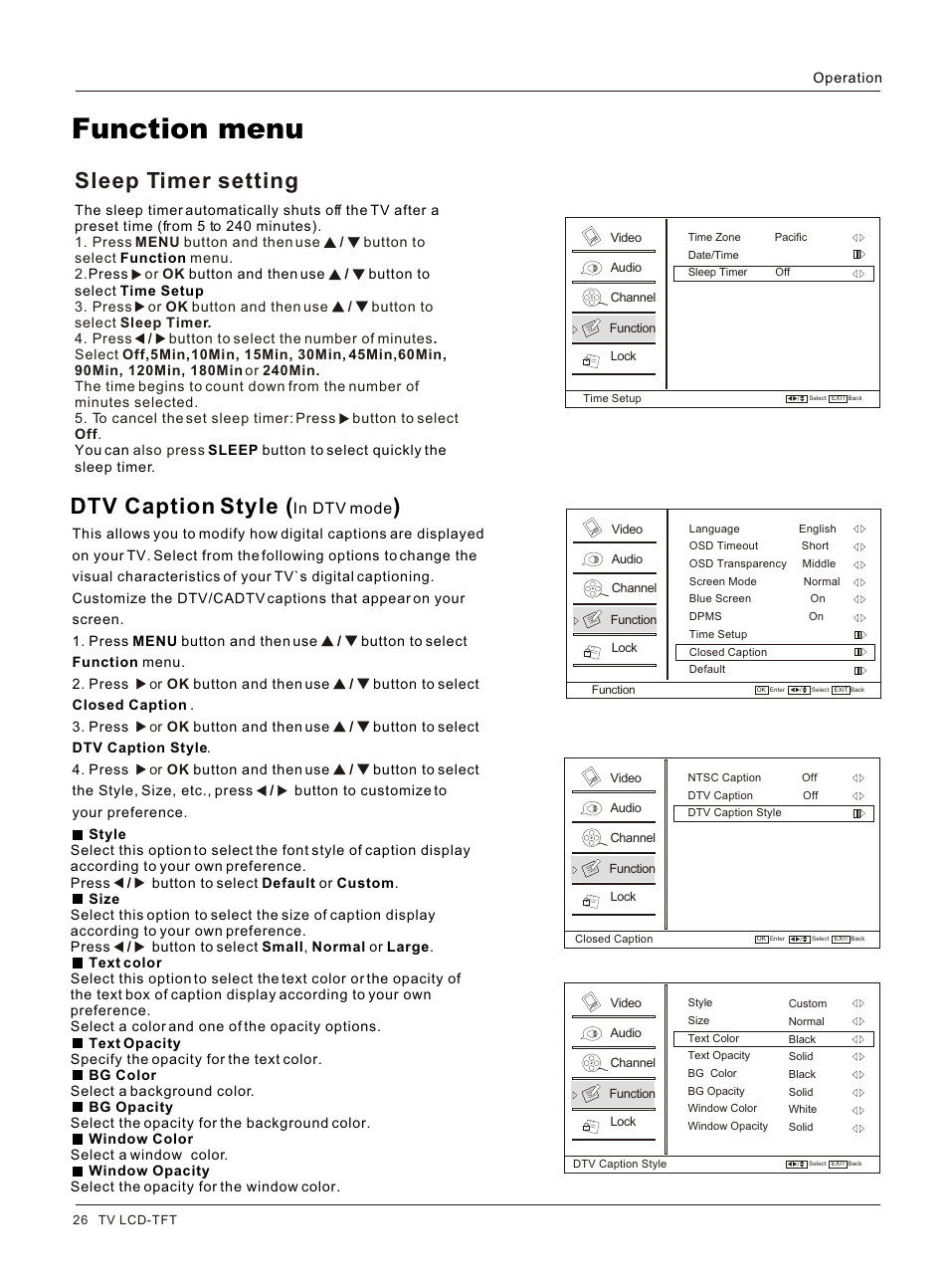 Т³гж 26, Function menu, Dtv caption style | Sleep timer setting | haier HL26K User Manual | Page 26 / 42