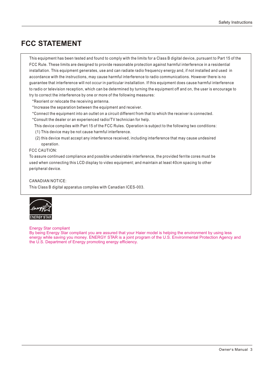 Т³гж 3, Fcc statement | haier HL26K User Manual | Page 3 / 42