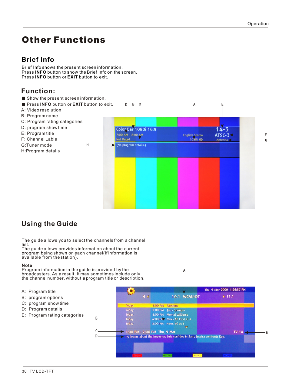 Т³гж 30, Other functions, Brief info | Function, Using the guide | haier HL26K User Manual | Page 30 / 42