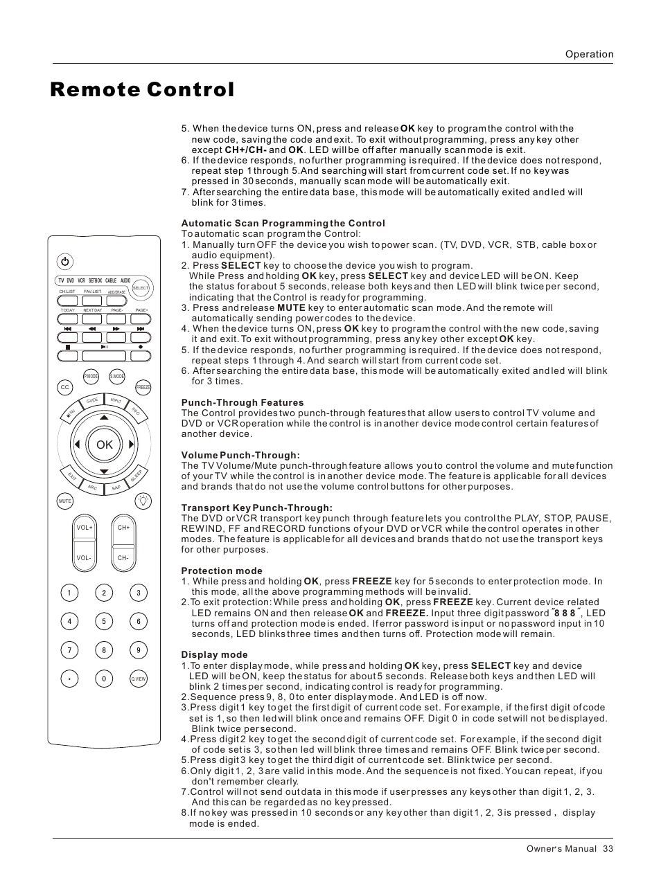 Т³гж 33, Remote control, Operation | Owner s manual 33 | haier HL26K User Manual | Page 33 / 42